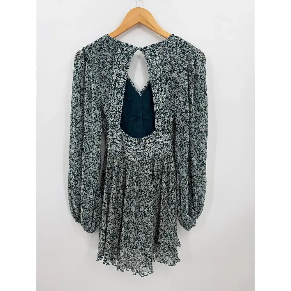 Abercrombie & Fitch Floral Open Back Pleated Mini Dress Teal Long Sleeve XXS